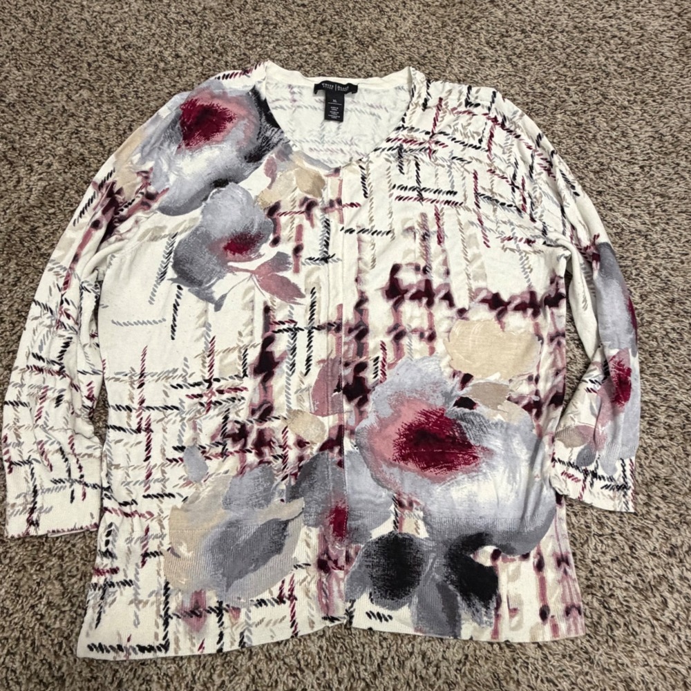 White House Black Market Floral Grid Cardigan Ivory Burgundy XL 3/4 Sleeve